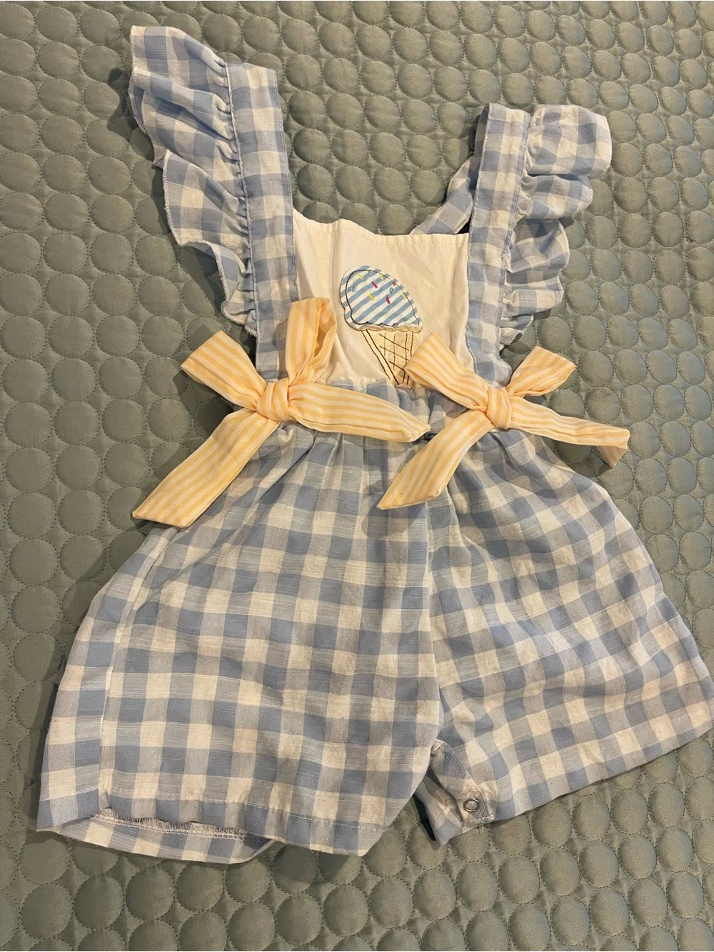 Marie Nicole Gingham Girls' Romper Blue Yellow Cotton Ice Cream Appliqué 2XS